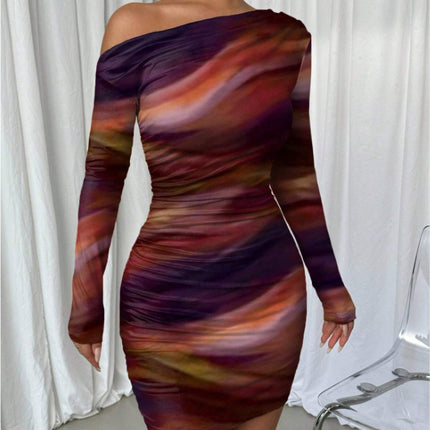 Pleated Slim Fit Long Sleeve Narrow Diagonal Collar Dress Women's Clothing