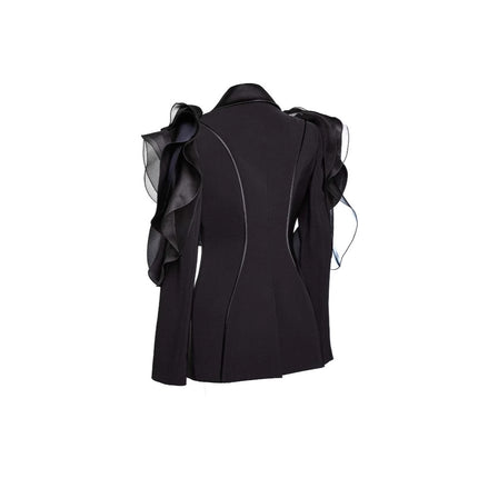 Black Three-dimensional Patchwork Ruffled Suit Asymmetric Slim Fit Slimming