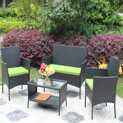 4 ST Rattan Patio Meubelstel Buite Patio Opgestopte Sitplek Rieten Bank Groen Kussing