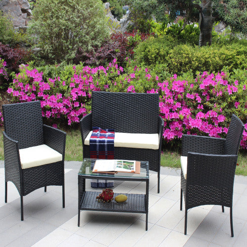 4 ST Rattan Patio Meubelstel Buitelewe Patio Gevulde Sitplek Rattanbank Beige Kussing