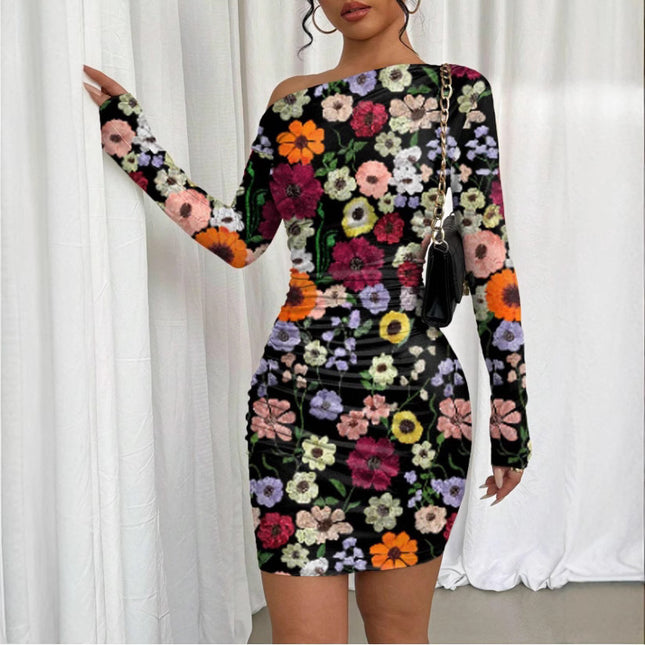 Pleated Slim Fit Long Sleeve Narrow Diagonal Collar Dress Women's Clothing