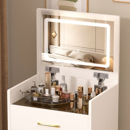 3-in-1 Spogtafel met Oop Bovlak Spieël, Klein Grimering Spogtafelstel met Sigbare Glasblad, Kompakte Grimering Spogtafel met 3 Laaie, Kleedtafel vir Slaapkamer