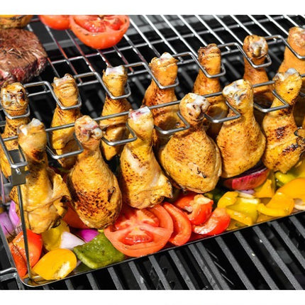 Portable Grilling Basket Mesh Clip 14 Slot Stainless Steel BBQ Rib Shelf Non-Stick Barbecue Chicken Wing Leg Rack