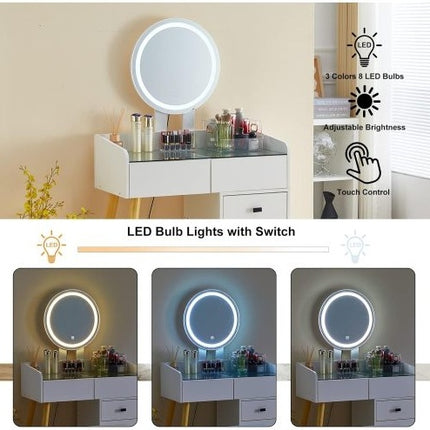 Kaptafel met LED-ligte, Glaskap, Uitskuifbare Syktafel, 5 Laaie, Spieël en Stoeltjie vir Slaapkamer