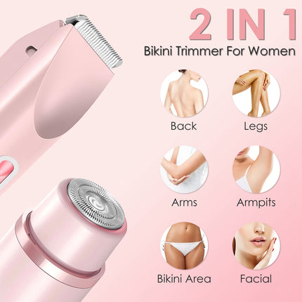 1 Stuk 2-in-1 Bikini-trimmer vir vroue Dubbelkop Koordloos Liggaamskeerder IPX7 Waterdig Herlaaibare Skaamhaarskeermes Nat en Droë Gebruik Vir Bikini Oksel Been Arm Liggaam Gesig