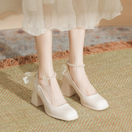 Mary Jane Shoes Pearl Ribbon Patent Leather Fairy Style