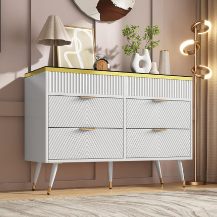 Buffetkas met 6 laaie, Amberglas-laaikas, Kompartementeleberging, Teen-omval, Kaptafel vir Sitkamer, Gang, Slaapkamer en Kinderkamer, 120 X 40 X 76 Cm, Wit