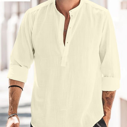 Men's Casual Stand-up Collar Door Barrel Solid Color Long-sleeved Shirt