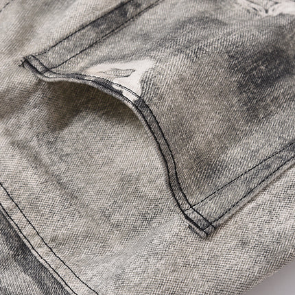 Men's Daddy Pants Ground White Gray Wash Hole With Cat Whisker Jeans