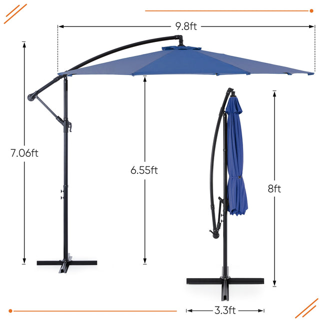 9.8FT Offset Patio Umbrella Hanging Cantilever Umbrella Outdoor Sun Shade With Easy Tilt Adjustment, 8 Ribs, UV Protection For Backyard, Lawn