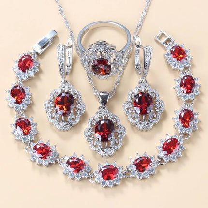 Granaat Kubieke Sirkonium Oorbelle Hanger Halssnoer Armband Ring Geskenk 4 Stuks Stel