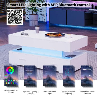 Hidrouliese Hysbak Top Koffietafel, LED Koffietafels Met Berging Vir Sitkamer, Koffietafel Met 2 Laaie & LED Lig Vir Eetkamer Ontvangsarea, Wit