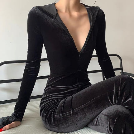 Women's Slim Fitting Velvet Hooded Jumpsuit