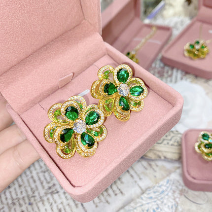 18K Plated Multi Faceted Translucent Colored Treasure Zircon Flower Earrings