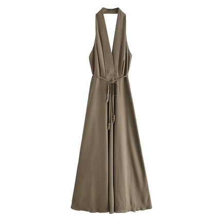 Backless Linen Midi Skirt Dress
