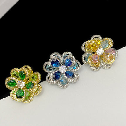 18K Plated Multi Faceted Translucent Colored Treasure Zircon Flower Earrings