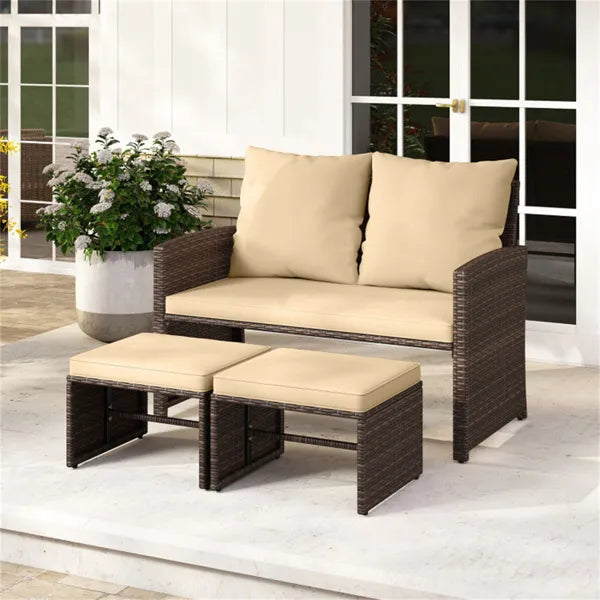 Buitelewe Patio Meubelstel, PE Rattan Tweesitplekbank & 2 Ottomanne Verwyderbare Kussings Metaalraam