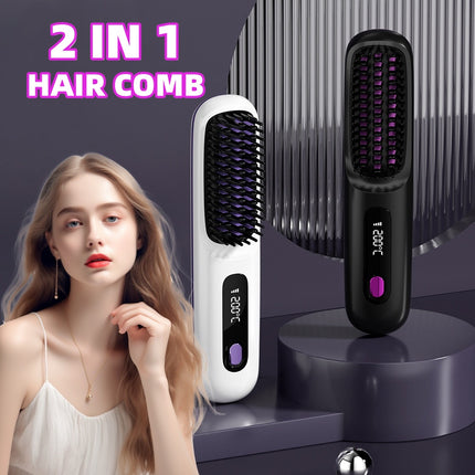 2-in-1 Reguit Haarkam Draadlose Haarglatmaker Borsel Haar Vinnige Verhitting Draagbare Warm Kruller USB-laai