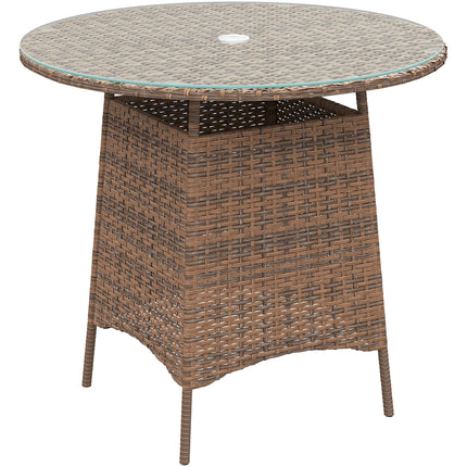 Wicker Tuin Rattan Tafel, Patio Meubels Buite Koffietafel Met Sambreelgat En Gehard Glasblad, Bruin