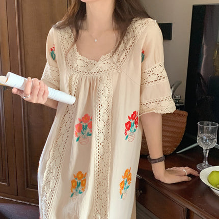 Design Sense Square Neck Lace Stitching Embroidery Flower Dress