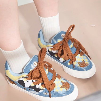 Cow Patterned Denim Canvas Patchwork Board Shoes