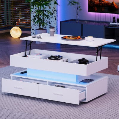 Hidrouliese Hysbak Top Koffietafel, LED Koffietafels Met Berging Vir Sitkamer, Koffietafel Met 2 Laaie & LED Lig Vir Eetkamer Ontvangsarea, Wit