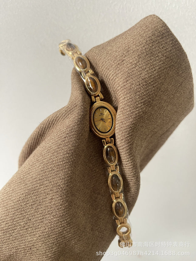 Women's Small Jade Oval Diamond Quartz Bracelet Watch