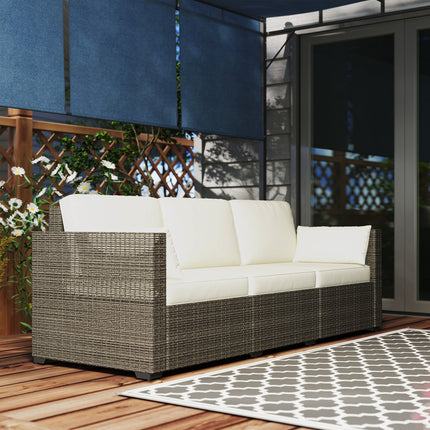 Patiobank PE Wicker Diepsit-buitebank met Verwyderbare Kussings, 3-sitplek Rattanbank, Buitemeubels vir Balkon, Dek, Tuin en Swembad, Roomwit