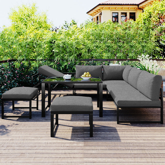Buite Tuin Sitkamerbank Sitstel, Tuinbalkonmeubels Met Lêfunksie, Rugleuning Verstelbaar In Vier Rigtings, Sluit Alle Sagte Sitkussings En Rugleunings In, Grys