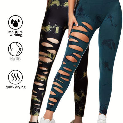 2 Pack Hollow Sexy High Elastic Women's Tie Dye Cutout Tights High Waist Workout Yoga Leggings, Scrunch Butt Lifting Elastic Pants, Tummy Control Butt Lifting Workout Yoga Athletic Pants