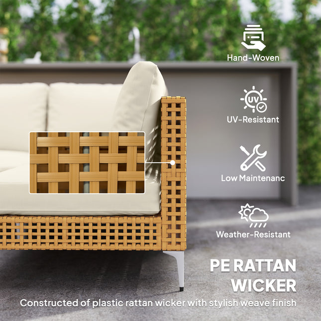 7-stuk Rattan-patio-meubelstel, modulêre buite-bank met verdikte kussings, Akasiahouttafel, Khaki/Beige