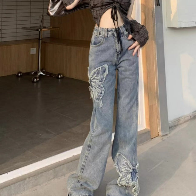 Retro Butterfly Embroidered Jeans High Waist Wash Slightly Flared Mop