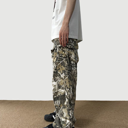 Loose Straight Tree Worn Looking Washed-out Camouflage Printed Overalls