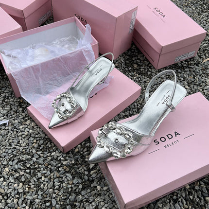 Fairy Mint Man Rhinestone Buckle Toegemaakte Toon Sandale Vroue Naaldhak Hoëhakskoene