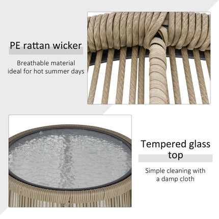 3 Stukke Rottang Bistro Stel, Rattan Tuinmeubelstel Met Kussings, Glaskant Koffietafel En Stoele Vir Buite, Patio, Balkon, Bruin