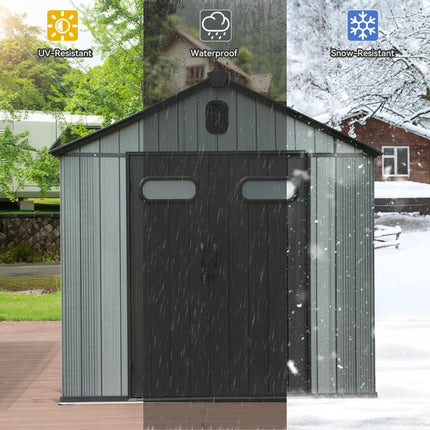 6x6 VT Buiteharsbergingstoets, Waterdigte Plastiektuinwerktuigskuur Met Sluitbare Deur, Vensters & Ventilasie, Buite Berging Werktuigskuur Vir Patio Meubels, Grassnyer, Fiets