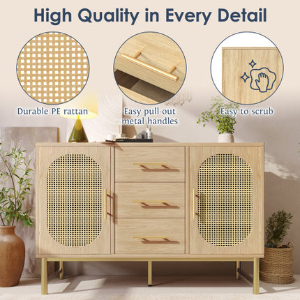 Rattan Sideboard Storage Cabinet With 2 Doors 3 Drawers, Storage Cabinet For Living Room, Bedroom, And Hallway, Metal Handles, Adjustable Shelves, Anti-Tip, 120 X 40 X 74 Cm, Oak
