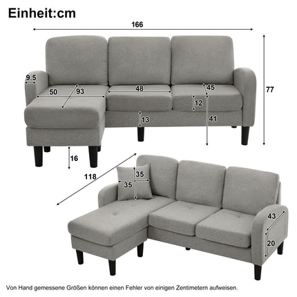 L-vormige Hoekbank Met Lêbank - 3-sitplekbank, 166 X 118 X 77 Cm, Asemende Katoen-linne Stof, Plastiekpote, Modulêre Ontwerp, Ideaal Vir Sitkamers, Woonstelle En Kantore