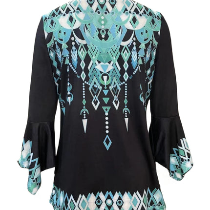 Spring Autumn New Printed Lapel Green Three-Quarter Sleeve T-Shirt Irregular Cuff Stud Button Top