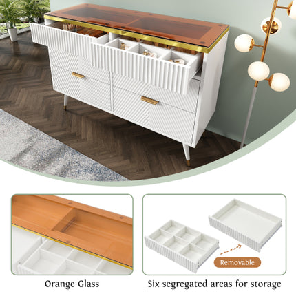 Buffetkas met 6 laaie, Amberglas-laaikas, Kompartementeleberging, Teen-omval, Kaptafel vir Sitkamer, Gang, Slaapkamer en Kinderkamer, 120 X 40 X 76 Cm, Wit