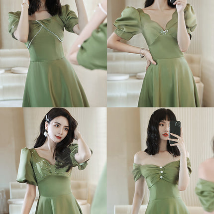 2024 Avocado Green Sisters Group Dress Skirt Women Satin Spring