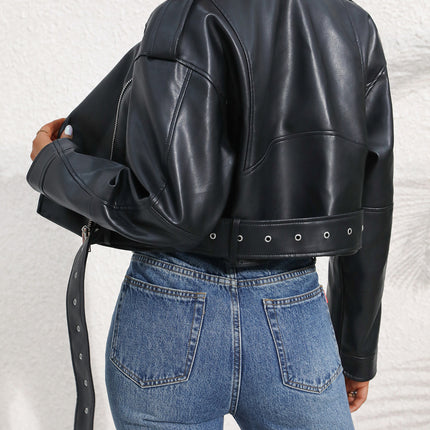 Women's Large Lapel Faux Leather Short Jacket Lady Fashion Motorcycle PU Leather Coat Casual Overcoat With Belt