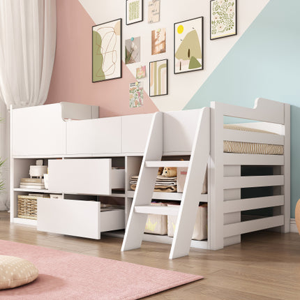 Kajuitbed Middelhoëbed Raamwerk Stoorplek Kinderhoutbed Met Laaie Rak Stoorplek Laagbed 3vt Enkel Kinder Wit Houtbed - 3vt Enkel 90 X 190 Cm Raamwerk Alleen