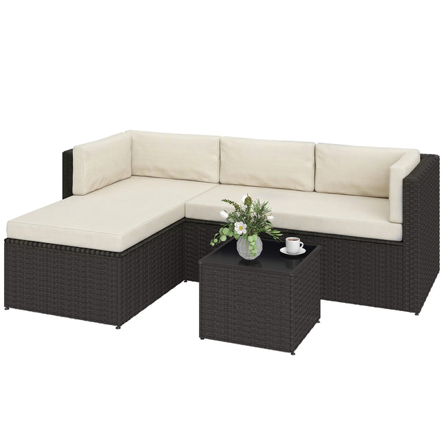 3 Stuk Patio Meubelstel, Rieten Buitelug Patio Gespreksmeubelstel met Kussings, Glasbladtafel, Beige