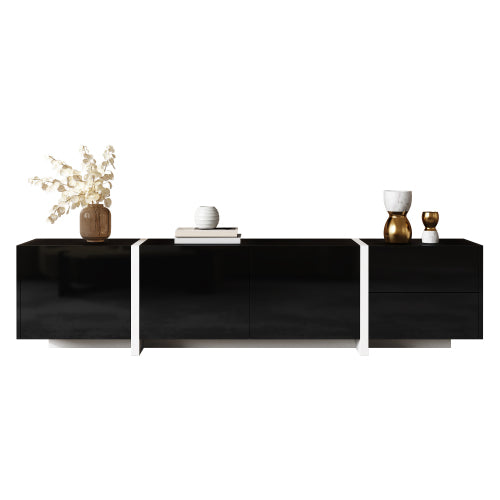 TV Cabinet, Black High-gloss Cabinet And White Contrasting Table Legs, With Simple Cabinet Doors And Drawers.