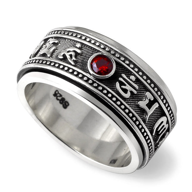 Ses-Karakter Mantra Granaat Modieuse Ring Vir Mans