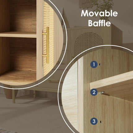 Rattan Sideboard Storage Cabinet With 2 Doors 3 Drawers, Storage Cabinet For Living Room, Bedroom, And Hallway, Metal Handles, Adjustable Shelves, Anti-Tip, 120 X 40 X 74 Cm, Oak