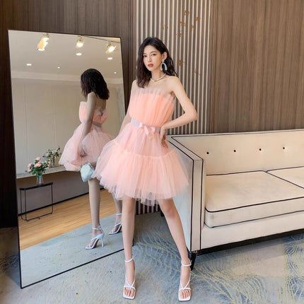 Design Bow Waist-tight Fairy Mesh High Waist Bubble Dress
