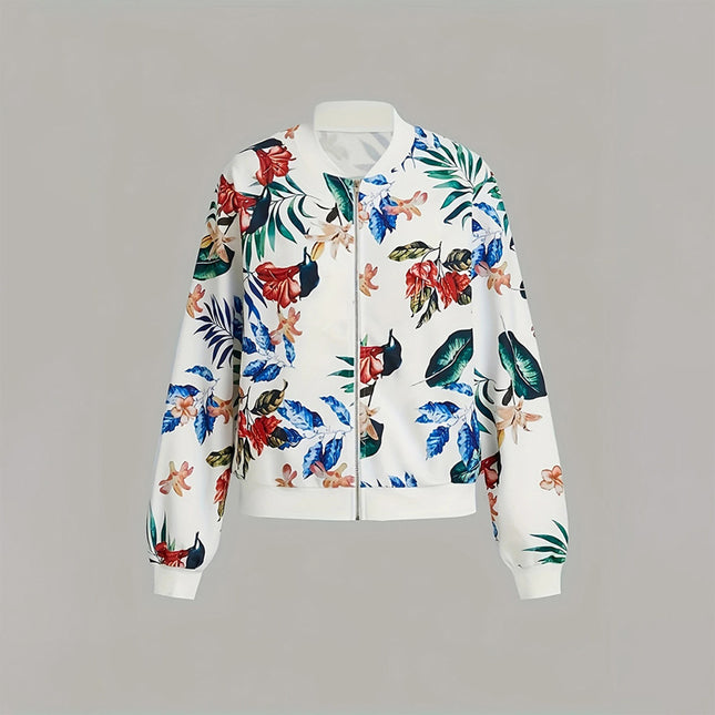 Women's Zip-Up Jacket With All-Over Botanical Print, Round Neck Long Sleeve Casual & Formal Wear For Spring&Fall