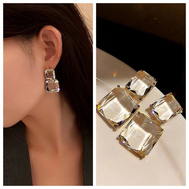 European And American Retro Geometric Square Transparent Crystal Earrings
